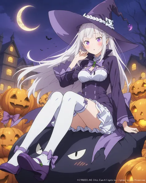 re:emilia,  Demonic expression , purple and white , jagged details, large bow accessory, White thigh socks, purple shoes, Oyuncu poz, candies , looking at the viewer, extending his right foot to the viewer, Blush on cheeks,  Halloween themed environment, c...