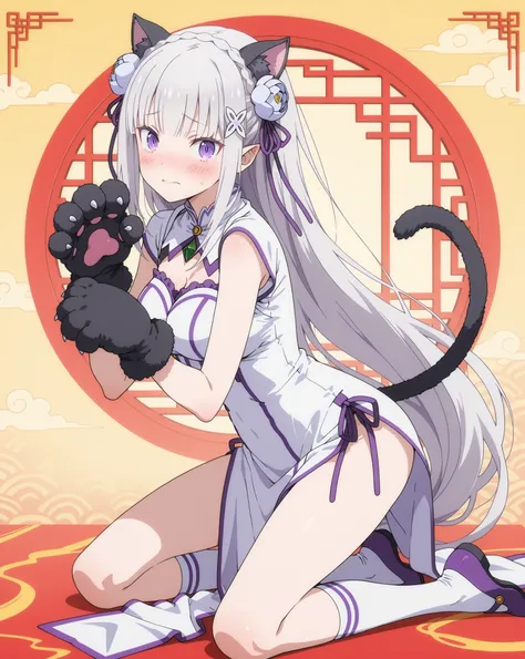 re:emilia,  Demonic expression, very embarrassed, the face is reddened , side view of the viewer, vivid pink and black color scheme side view of the viewer {x}, paw gloves, above the knee white socks, kneeling pose,  decorated with lines ,  dressed in chin...