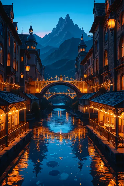 Enchanting factory night view,  Vast building, Shining Bridge, Smoky Chimneys, Light reflecting in water, Distant Mountain々, bright colors, High Angle View, Wide angle view, Deep Depth of Field, with sharp focus on foreground and background, evening atmosp...