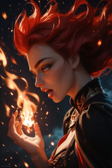 большой, bright bonfire at night, roaring flames and sparks, flying into the dark sky. In the center is a beautiful red-haired witch with long, by fluttering red hair, lit by the fire. The expression on her face is calm and unshakable, almost serene, while...