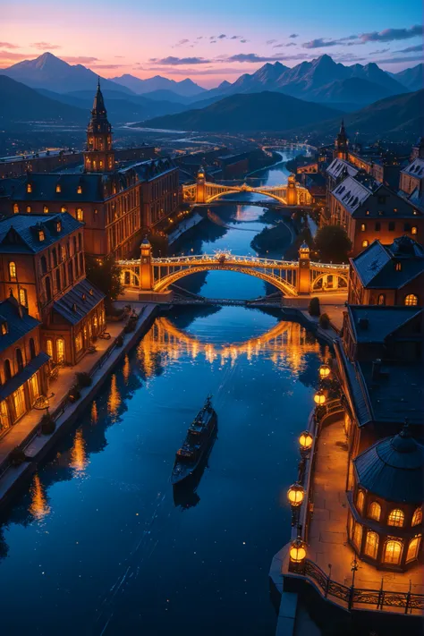 Enchanting factory night view,  Vast building, Shining Bridge, Smoky Chimneys, Light reflecting in water, Distant Mountain々, bright colors, High Angle View, Wide angle view, Deep Depth of Field, with sharp focus on foreground and background, evening atmosp...