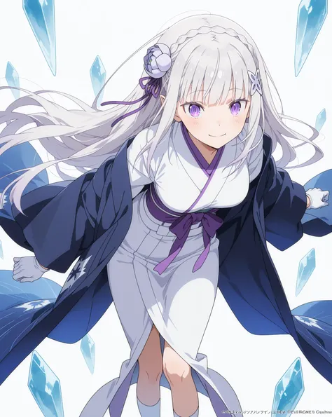 Re:Emilia, cheerful and perky atmosphere {x} slightly glancing spoiled looking {x} , ice patterned hair accessory, brightly lit light display, towards the screen dressed in kimono,  white gloves , above the knee white socks, leaning forward standing, cheer...