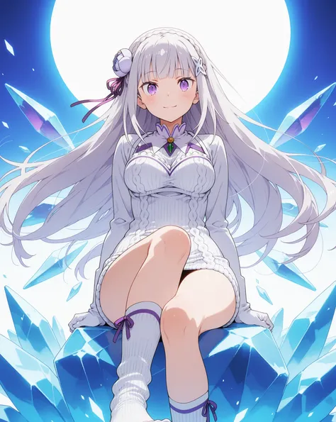 Re:Emilia, cheerful and perky atmosphere {x} slightly glancing spoiled looking {x} , ice patterned hair accessory, brightly lit light display, Knitted white sweater dress pink ribbon details, matching socks at hip level white gloves , above the knee white ...