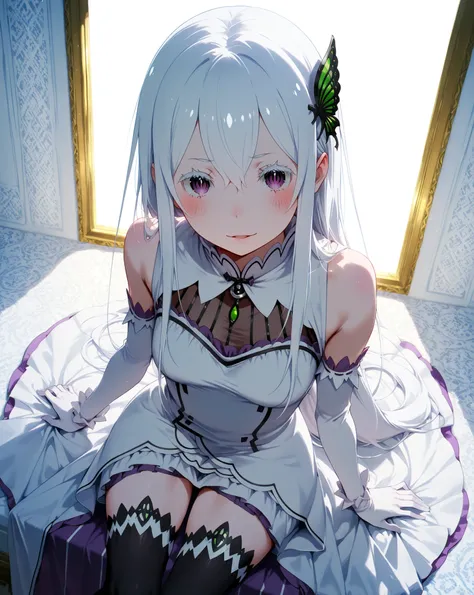 re:zero echidna,  Demonic expression , hair accessory, intricate pattern in the interiors, white arm length gloves, black thigh-high socks, sitting pose, hand resting on fabric, sleeveless white dress with white background, soft lighting, elegant and sophi...