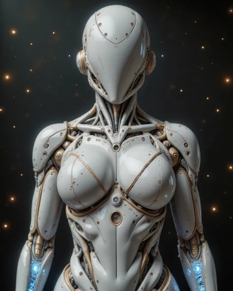 A highly detailed futuristic female humanoid robot with an athletic, graceful build, shown from the chest up in a dynamic pose. Her surface resembles glossy white porcelain with elegant gold accents. She has glowing neon elements in soft blues and purples,...
