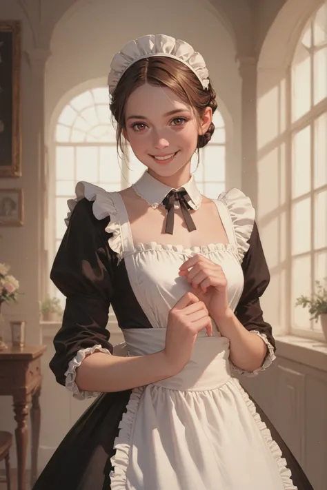 youth caucasian female,brown hair French Braid Low Bun,dark brown eye color,Perfect body,A Maid's headdress is worn on the head,She is dressed in a Victorian maid's outfit, smiling and raising her hand.
