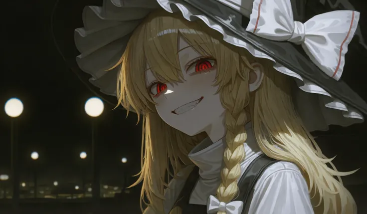 Kirisame Marisa's Illustration。Kirisame Marisa's Outfit、 horrible smile 、creepy expression、(((((Underexpose Lighting)))))、Subtle yet dramatic lighting effects，dark atmosphere、Beautifully delicate eyes，best quality， longer hair、Superb product、((Dark ruined ...