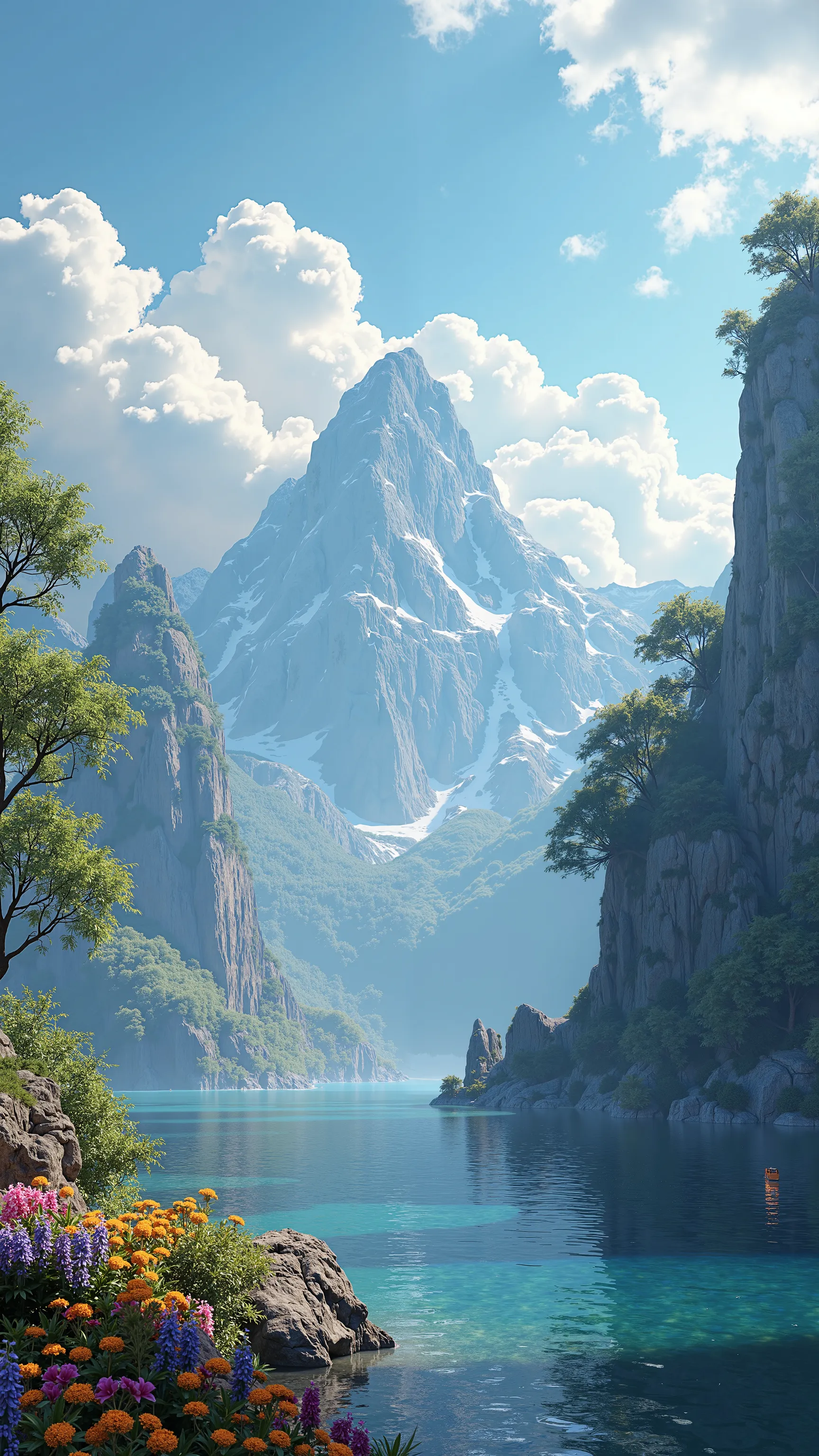 Masterpiece, 最  High Quality  ,   High Quality  ,  Detailed CG Unity 8k Wallpaper , landscape,   outdoor, null, cloud, null, no humans, Mountain, landscape, water, tree,  colorful flowers, cliff, nature, lake, river , cloudy skies,   Award-Winning Photos,  depth of field ,   high definition, bloom,  Color Difference,   Photorealism ,   very detailed,  ArtStation ,  CGSociety Trends ,    complicated ,   high detail, dramatic, Travel destination