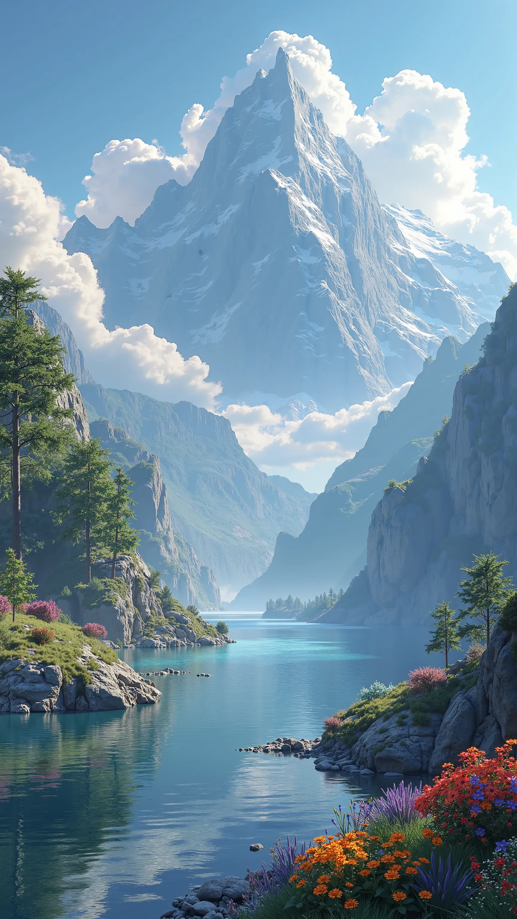 Masterpiece, 最  High Quality  ,   High Quality  ,  Detailed CG Unity 8k Wallpaper , landscape,   outdoor, null, cloud, null, no humans, Mountain, landscape, water, tree,  colorful flowers, cliff, nature, lake, river , cloudy skies,   Award-Winning Photos,  depth of field ,   high definition, bloom,  Color Difference,   Photorealism ,   very detailed,  ArtStation ,  CGSociety Trends ,    complicated ,   high detail, dramatic, Travel destination