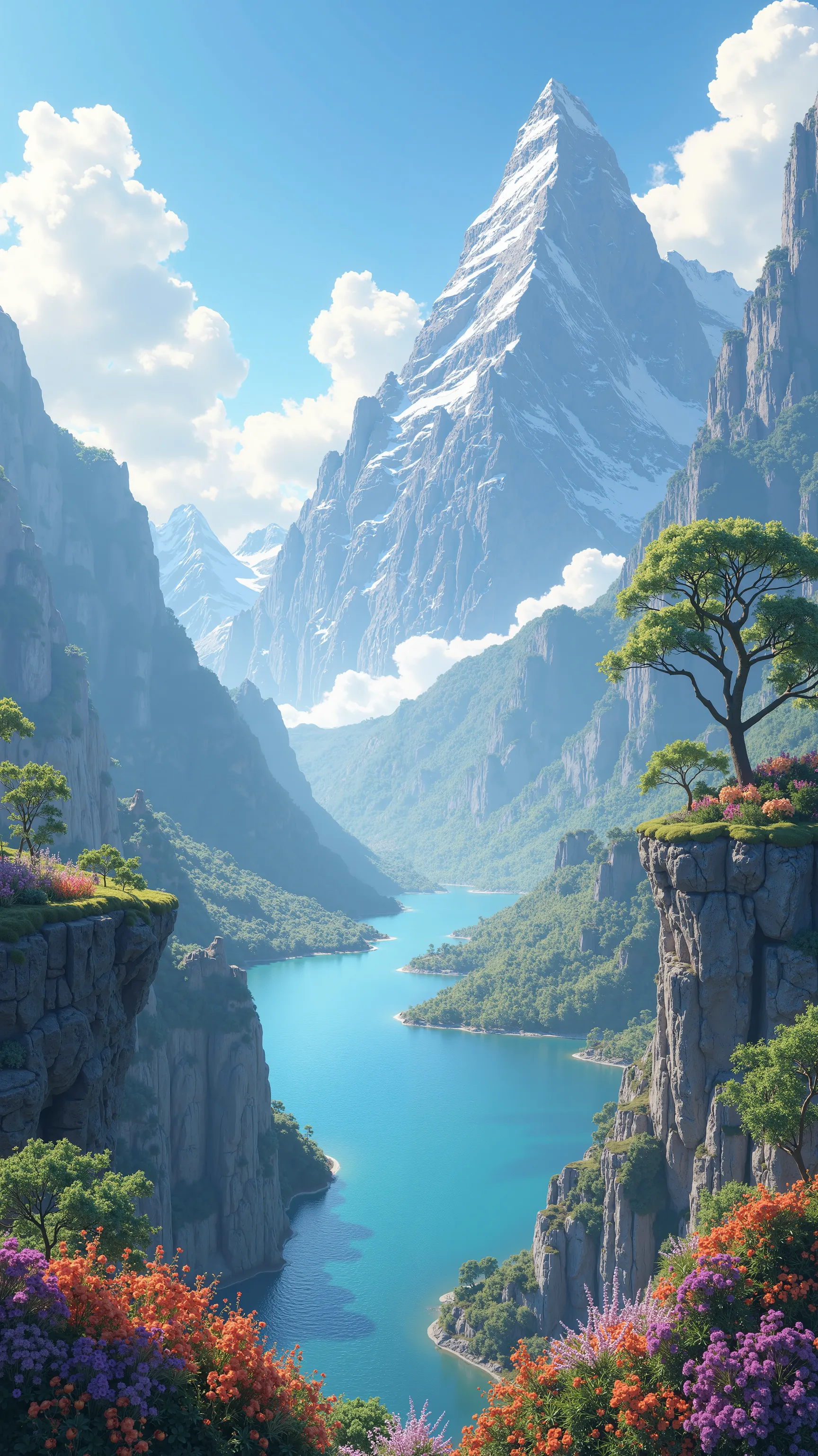 Masterpiece, 最  High Quality  ,   High Quality  ,  Detailed CG Unity 8k Wallpaper , landscape,   outdoor, null, cloud, null, no humans, Mountain, landscape, water, tree,  colorful flowers, cliff, nature, lake, river , cloudy skies,   Award-Winning Photos,  depth of field ,   high definition, bloom,  Color Difference,   Photorealism ,   very detailed,  ArtStation ,  CGSociety Trends ,    complicated ,   high detail, dramatic, Travel destination