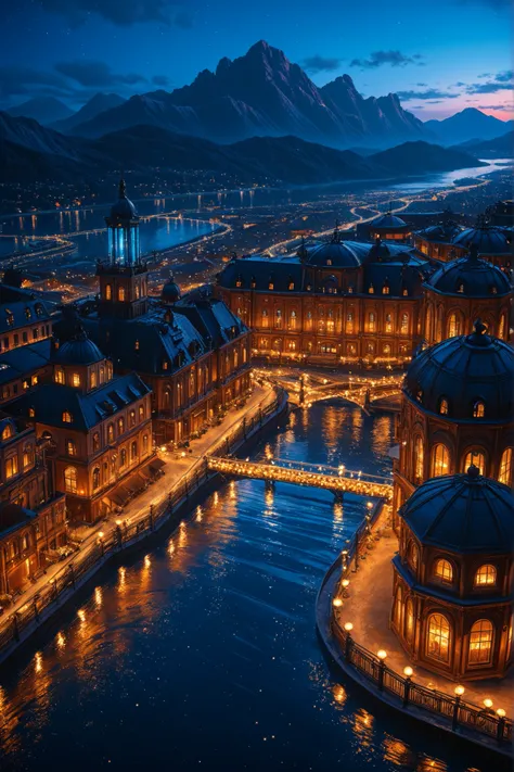 Enchanting factory night view,  Vast building、Smoky Chimneys, Light reflecting in water, Distant Mountain々, bright colors, High Angle View, Wide angle view, Deep Depth of Field, Clear Focus on Foreground and Background, evening atmosphere , Night atmospher...
