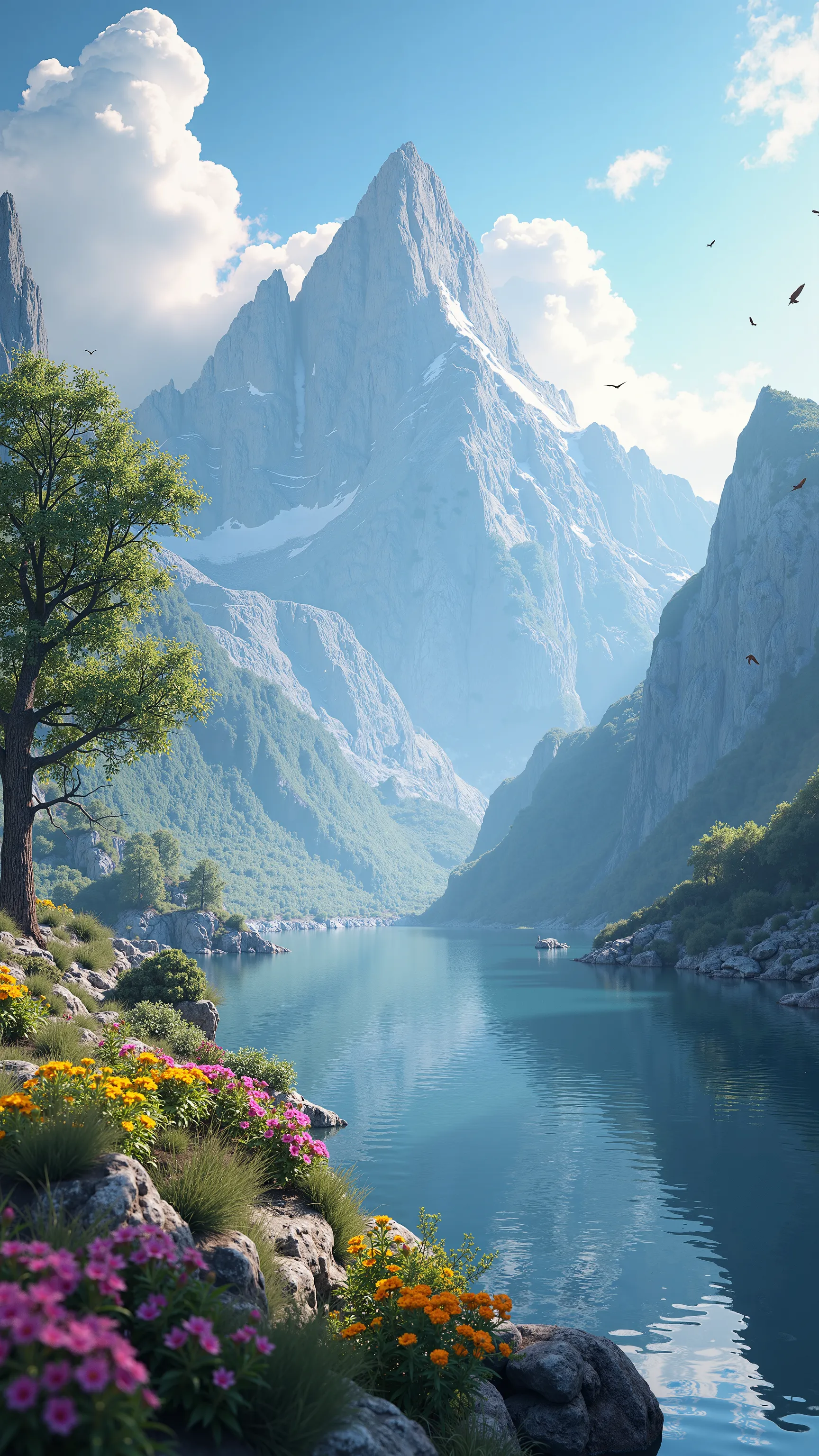 Masterpiece, 最  High Quality  ,   High Quality  ,  Detailed CG Unity 8k Wallpaper , landscape,   outdoor, null, cloud, null, no humans, Mountain, landscape, water, tree,  colorful flowers, cliff, nature, lake, river , cloudy skies,   Award-Winning Photos,  depth of field ,   high definition, bloom,  Color Difference,   Photorealism ,   very detailed,  ArtStation ,  CGSociety Trends ,    complicated ,   high detail, dramatic, Travel destination