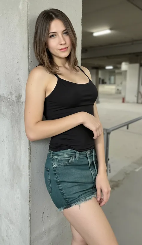 MODEL DESCRIPTION: A Ukrainian Woman with Medium Long Brown Hair. She is 162 cm tall, weighing 54 kg. This model has fair skin, fit physique, and flat chest.
OUTFIT: Black Spaghetti Strap Tank Top and Dark Green Denim Shorts
POSE: She’s leaning her back a...