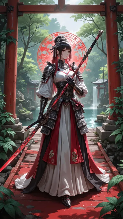 Shrine maiden, Japanese-style armor , Naginata, Rin々Standing posture, Red Painted Bridge