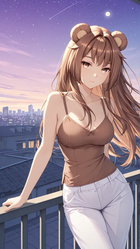 masterpiece, best quality, newest, pifpuf, 1girl, brown hair,long hair, animal ears, bear ears, brown eyes, medium breasts,leaning on the railing, dawn, rooftop, multicolored sky, white sky, blue sky, purple sky, stars, moon, wind, brown camisole, white pa...