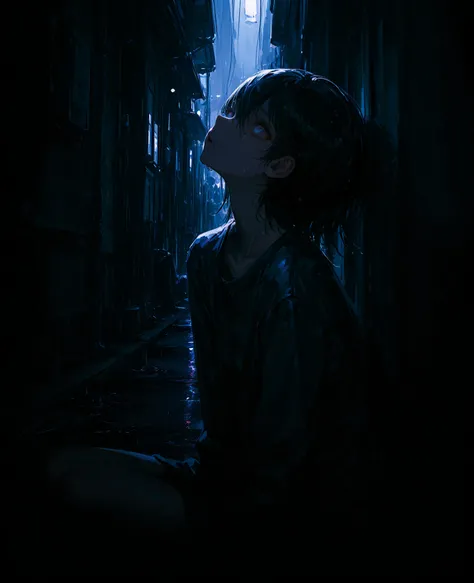 1girl, fair skin, petite, looking up, slightly pouty lips, dark atmosphere, gloomy, raining, night scene, lampposts, (depression theme:1.2), (dark themes:1.1), (sensual:1.2), (sexual energy:1.1), cute girl, melancholy, wet hair, rain droplets, (moody light...