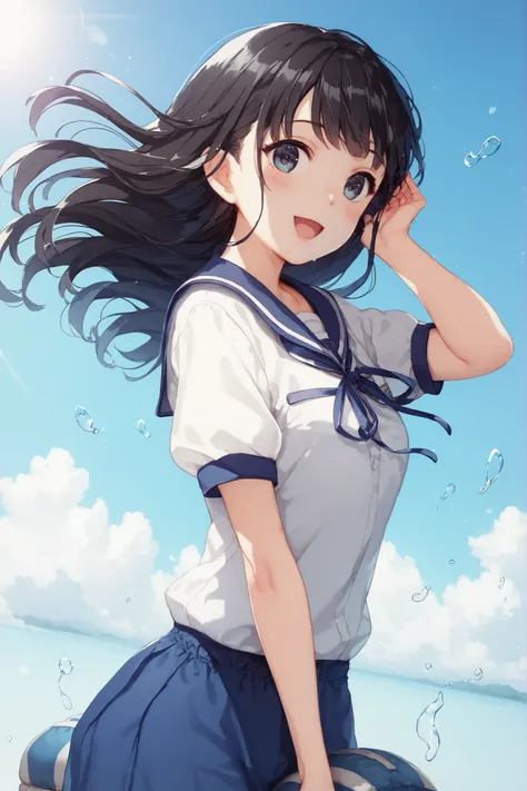 JK, cute,  summer uniform, long black hair, BIOLOGICALLY CORRECT, Eyes are small, tall, Model-like body shape, ((gym storeroom))
