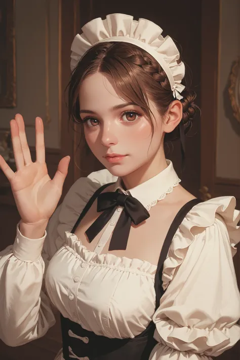 youth caucasian female,brown hair French Braid Low Bun,dark brown eye color,Perfect body,A Maid's headdress is worn on the head,She is wearing a Victorian maid's outfit. She is waving her hand.