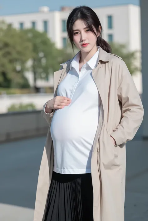 natural light,masterpiece,ultra_realistic 4k, fair skin,photo of korean beautiful pregnant detective, white_shirt, trench coat, large belly, full term belly, full term pregnant, huge pregnant,beauty_asian, large shirt, oversized shirt, wide hip, massive bo...