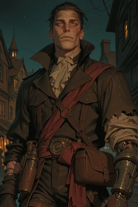 Male, man, solo, Broad-shouldered, muscular, battle-worn, Short dark brown hair slicked back with grime, Steel gray eyes, fair skin, covered in scars
Stubbled jaw, broken nose, faded scar across cheek Mechanical left arm with reinforced joints steampunk, L...