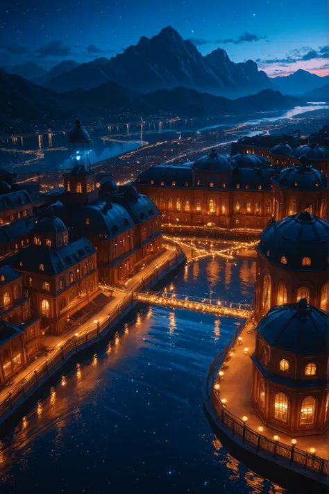 Seductive Atmosphere、Factory night view, Smoky Chimneys, Light reflecting in water, Distant Mountain々, bright colors, High Angle View, Wide angle view, Deep Depth of Field, with sharp focus on foreground and background, evening atmosphere ,  Artificial Lig...