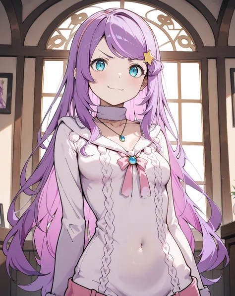  masterpiece, excellent quality, best quality, is absolutely glamorous, absurd results, high definition, en yeni,  inside,  1girl, anastasiahoshin, angry smile, virgin destructor sweater, small breasts, solo, standing,