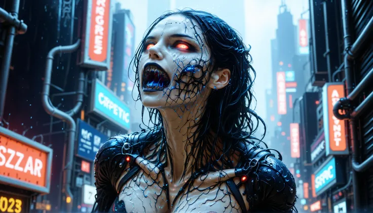 view from above, cybernetic corruption, seductive cybernatic vampire, fangs,Neon Rainfall: A single vampire with dripping wet hair dyed electric blue, glowing pale eyes, in a soaked mesh top and cyber‑harness. She tilts her head up to catch neon rain under...
