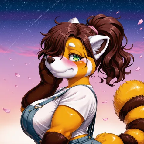 Anthro red panda, 1girl, huge hips, wide head, wide nose, chubby arms, thick thighs, large breasts, (heavy breasts), dark brown short wavy hair, dark brown hair, big green eyes, big eyelashes, blushing, small hands, light orange fur, short legs, big butt, ...