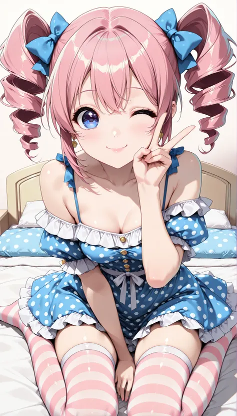 1 female, smile, winks next door:1.1,  petite body, ruffle dress,  polka dot dress, off shoulder, puff sleeve, Striped Stockings, thighs, (V sign:1.6, hand sign), bedroom, stand on my knees, wariza, Miho Nakano, (big eyes), (Xiaoyan), (High Detail Skin:1.2...