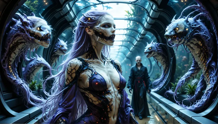 cybernetic corruption, seductive cybernatic vampire, fangs,Floating Aquarium Corridor: Vampire with long translucent hair tinted lavender, wearing a digital kimono. She walks through a glass tunnel surrounded by floating bio‑engineered creatures.