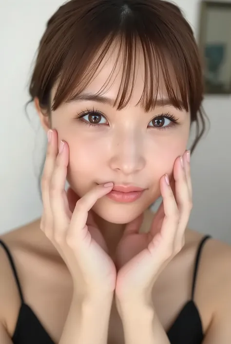 extreme close-up portrait, beautiful girl with her love-struck, radiant face filling the entire frame (95% face ratio), gently placing both open hands on her flushed cheeks with soft fingers, soft black camisole, white blurred background, eyes dreamy and h...