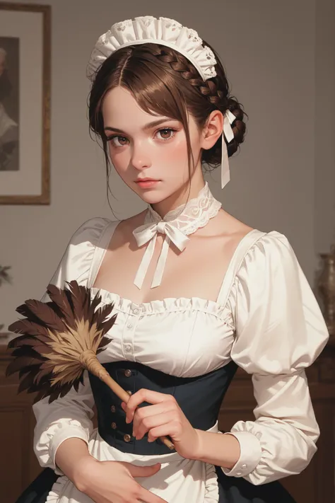 youth caucasian female,brown hair French Braid Low Bun,dark brown eye color,A Maid's headdress is worn on the head,She is wearing a Victorian maid's uniform. She holds a Feather duster in her hand.
