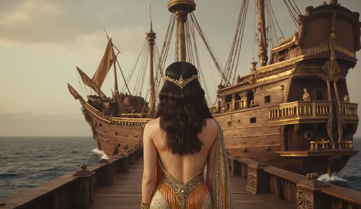 1950s, Cleopatra from back, wooden warship.