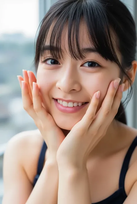 extreme close-up portrait, beautiful girl with her love-struck, radiant face filling the entire frame (95% face ratio), gently placing both open hands on her flushed cheeks with soft fingers, soft black camisole, white blurred background, eyes dreamy and h...