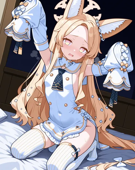 Blue Archive'den Yurizono Seia, very embarrassed, the face is reddened, deep breathing,  open mouth, decorated with vivid white and black color scheme lines {x},  above the knee white socks, kneeling pose, dressed in white chinese outfit with black pattern...