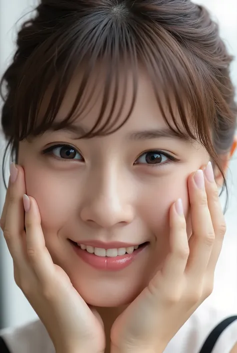 extreme close-up portrait, beautiful girl with her love-struck, radiant face filling the entire frame (95% face ratio), gently placing both open hands on her flushed cheeks with soft fingers, soft black camisole, white blurred background, eyes dreamy and h...