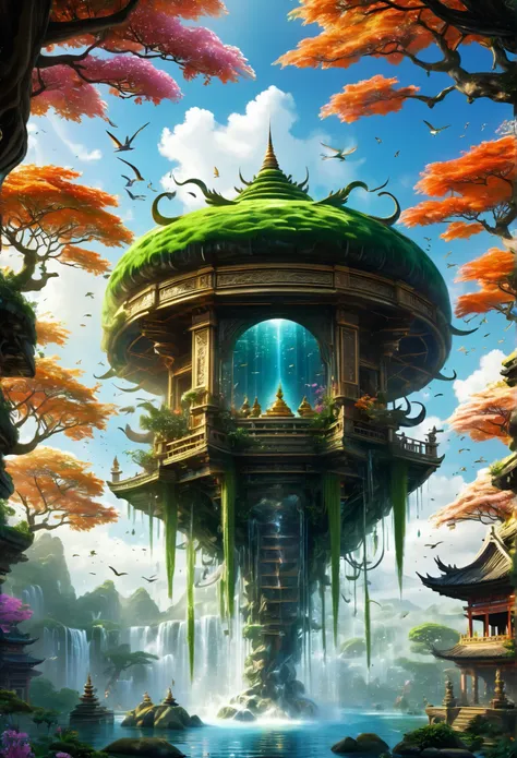 
super detailed,  exquisite scenes set in a large space ,  fantastic gardens .  filled with countless elements all over the screen :  exotic flowering plants ,  Intricate fountains with flowing water in a fascinating pattern ,  like fairies 々Magical creatu...