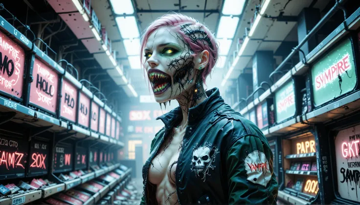 cybernetic corruption, seductive cybernatic vampire, fangs,Abandoned Megastore: Vampire with short pink undercut, glowing green teeth, wearing a shredded bomber jacket. She explores aisles of broken holo‑displays and flickering neon signs.