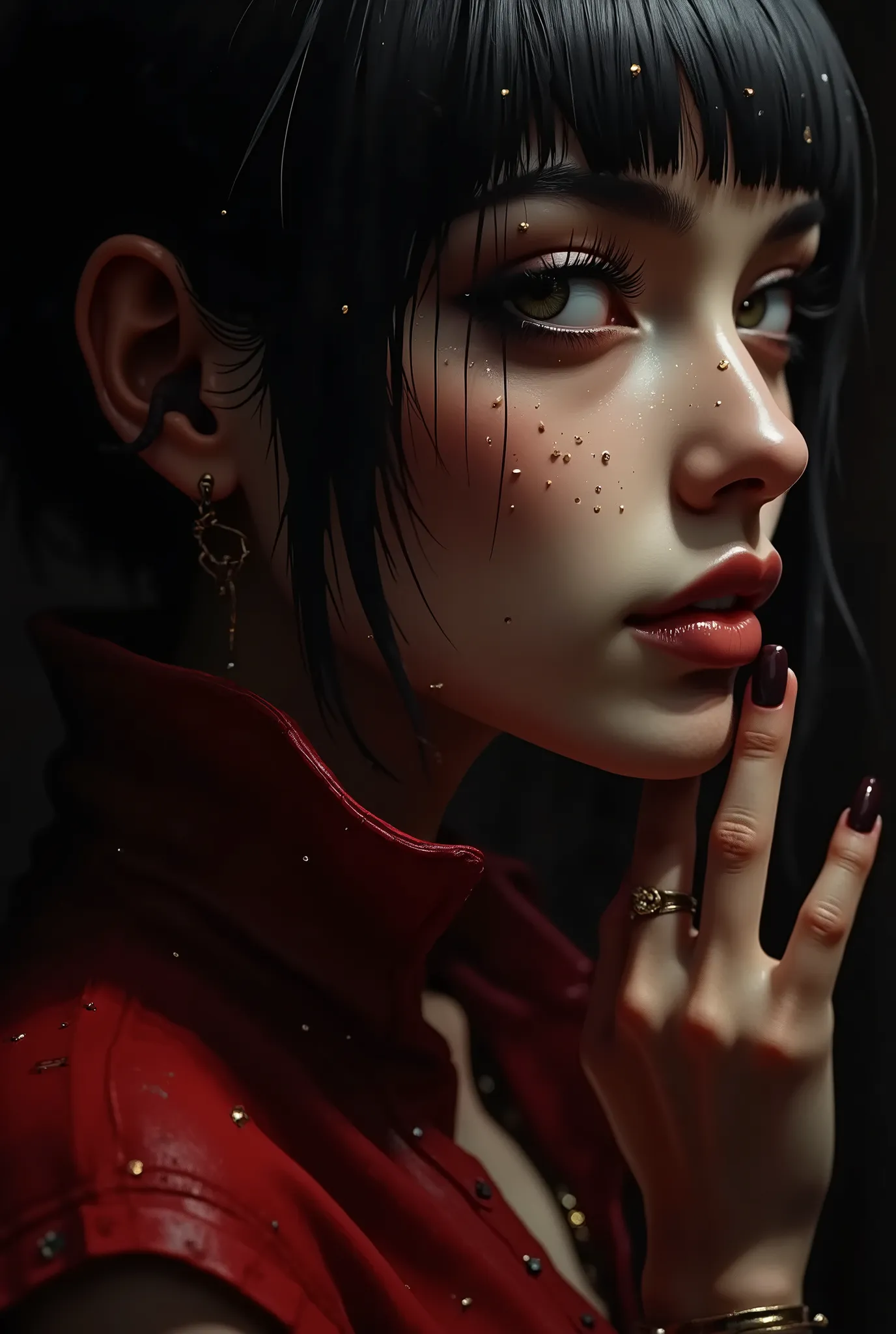 ((image in the center, close-up of a beautiful woman with short black hair. She looks in front of her and smiles. full face with exaggerated features, caricatured in the style of kawaii : 1.52, thick and plump lips with sequins that can be kissed, large, w...
