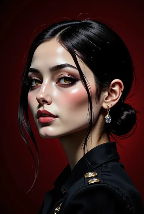 ((image in the center, close-up of a beautiful woman with short black hair. She looks in front of her and smiles. full face with exaggerated features, caricatured in the style of kawaii : 1.52, thick and plump lips with sequins that can be kissed, large, w...
