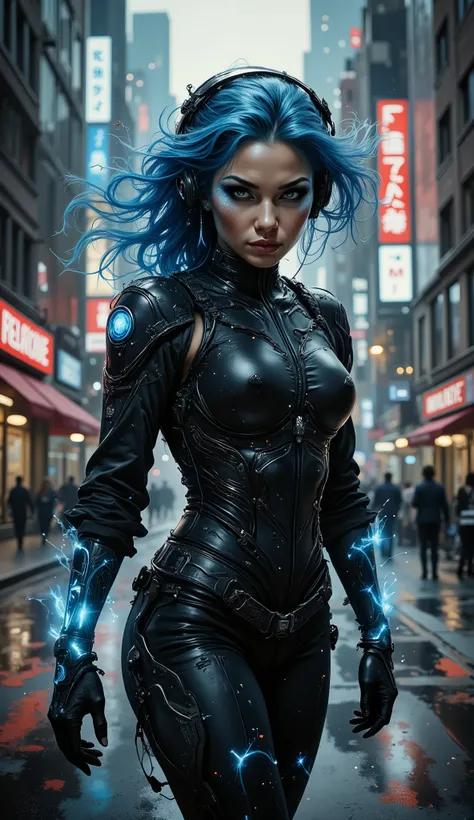 (((Sexy buxom Slavic-type girl in cyberpunk style in a dynamic sexy pose with gorgeous blue long hair in motion. An expressive face. With high detail.)) Futuristic makeup with sparkles, graphic elements or shining accents.(A form-fitting multi-layered blac...