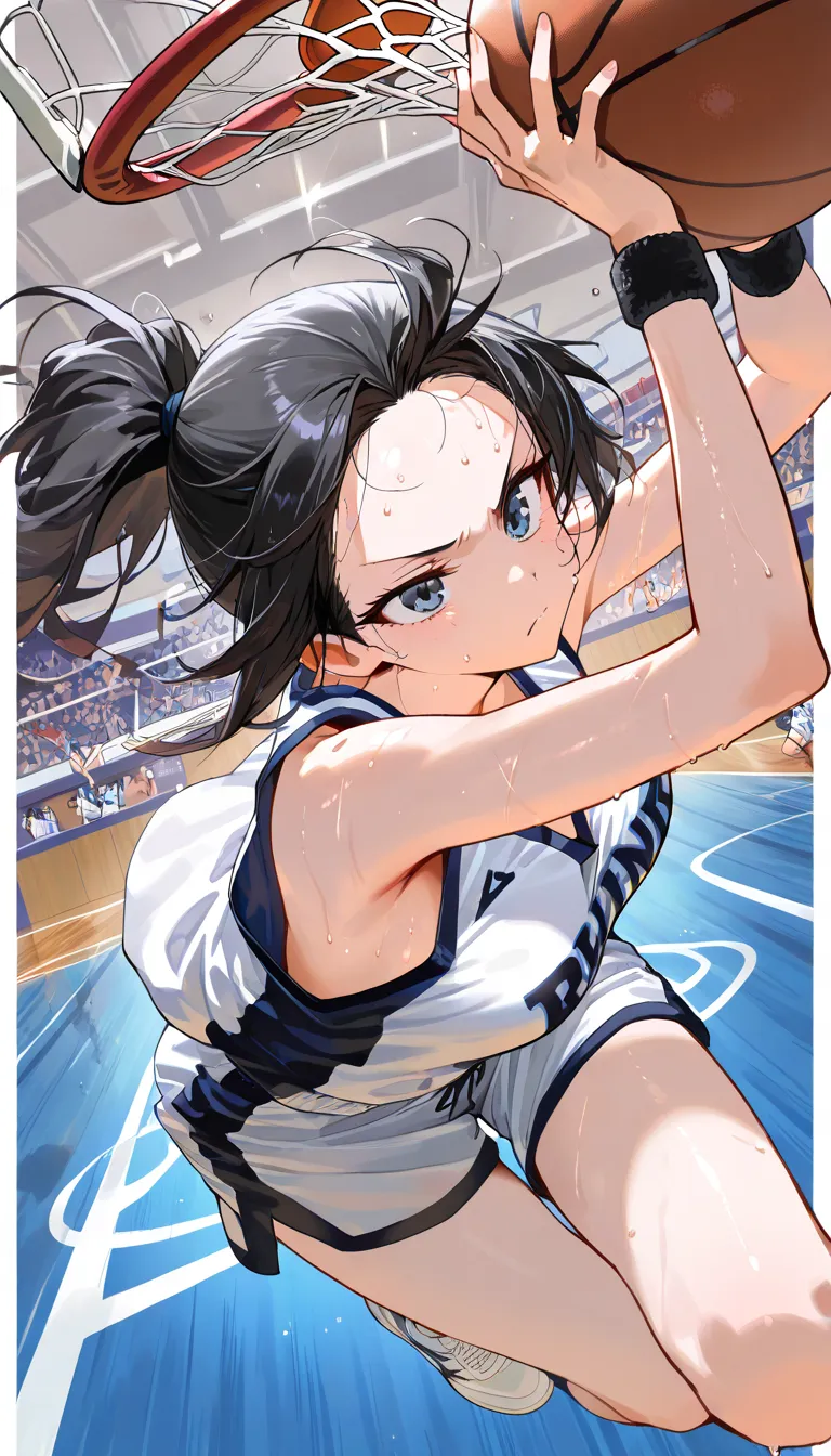(beautiful girl : 1.3),1 girl,(basketballのユニフォーム,wristband,basketball),black hair,ponytail,Forehead,anger, abusive,runs,sweat,Other Player,dribble,basketballコート,jump,Dunk Shot,audience,Cheer ,active,dynamic angle,masterpiece,Highest Quality,rich contrast,high image quality,8k,High Definition CG Unit Wallpaper,texture,unbelievably absurd, RAW photos ,deep border 1 .2,Very Detailed