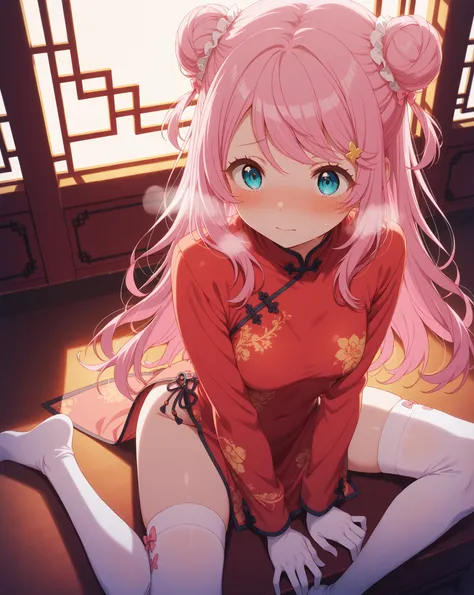re:Anastasia Hoshin,  very embarrassed ,  face reddened , deep breathing, bright illuminated light show, china suit , with high slits, long gloves , thigh-high socks ,  Over the knee socks , sitting pose, sexy looking positions, soft lighting, elegant and ...