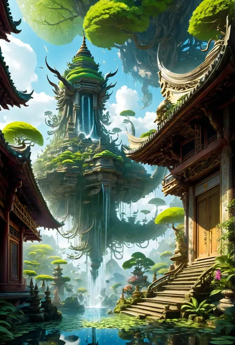 
super detailed,  exquisite scenes set in a large space ,  fantastic gardens .  filled with countless elements all over the screen :  exotic flowering plants ,  Intricate fountains with flowing water in a fascinating pattern ,  like fairies 々Magical creatu...