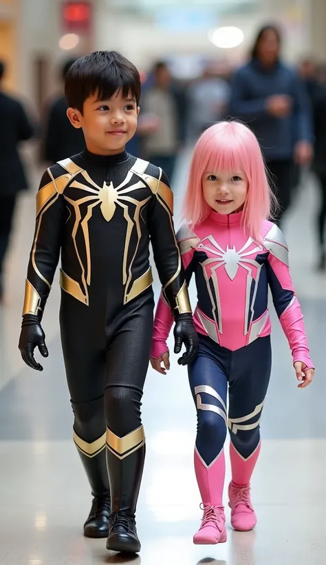 character: 1 baby boy black hair Wearing futuristic black spiderman suit with gold silver armor futuristic white accents,  and 1 baby girl short straight pink hair bangs Wearing futuristic pink Spiderman body suit with gold silver armor futuristic white ac...