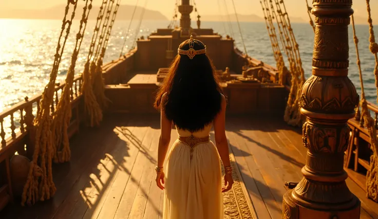 1950d, Cleopatra back view, standing in wooden warship , ancient egypt