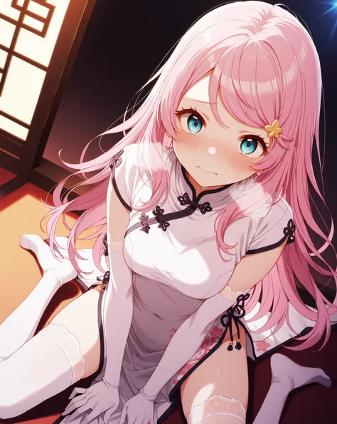 re:Anastasia Hoshin,  very embarrassed ,  face reddened , deep breathing, bright illuminated light show, white chinese suit , with high slits, long gloves , thigh-high socks ,  Over the knee socks , sitting pose, sexy looking positions, soft lighting, eleg...