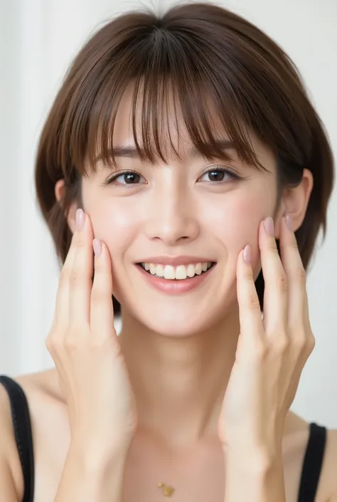 extreme close-up portrait, beautiful girl with her love-struck, radiant face filling the entire frame (95% face ratio), gently placing both open hands on her flushed cheeks with soft fingers, soft black camisole, white blurred background, eyes dreamy and h...