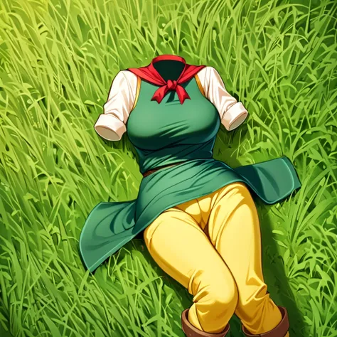 (invisible:1.5, no humans:1.5, headless:1.5, faceless:1.5), ( neckerchief, chinese clothes, green dress, yellow sleeves, long sleeves, yellow pants, boots , on grass:1.2), (big breast), (best quality, masterpiece:1.2), detailed cloth texture, detailed anim...