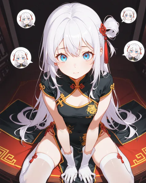 re:box, white hair , blue eyes, emotional expressionlessness, suspicious expression bubble , hair accessory, black Chinese outfit, with high slits, white arm length gloves, thigh high socks, sitting pose, hand resting on fabric, kolsuz , soft lighting, ele...